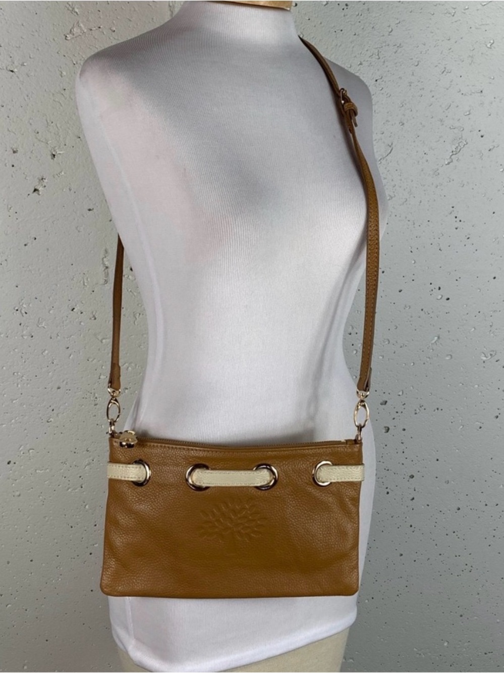 Mulberry cognac and cream cross body purse